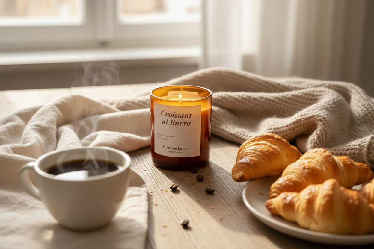 Candela artigianale profumata croissant al burro in cera di soia naturale vegan, Giardino Lunare