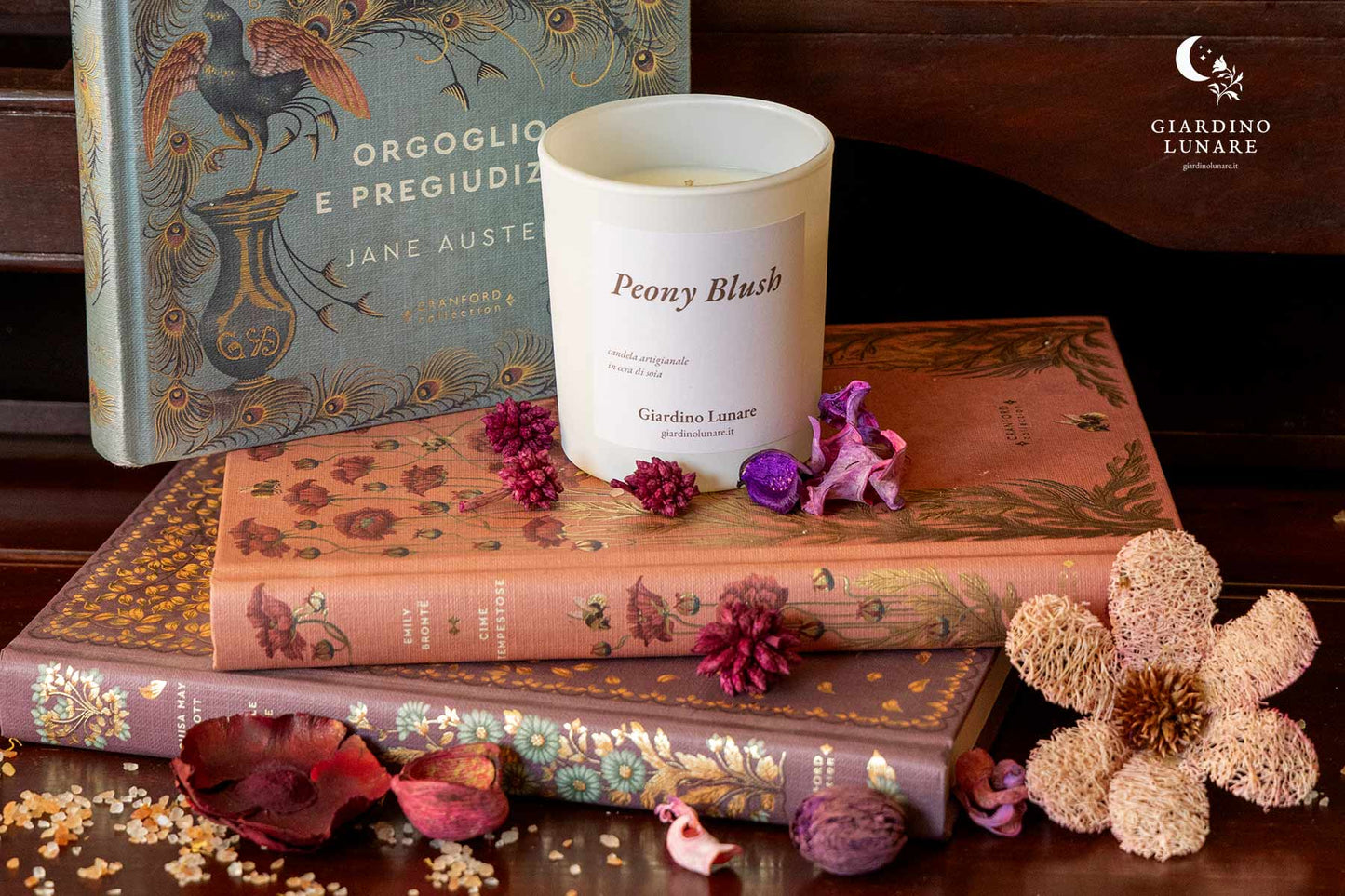 Candela artigianale profumata peonia rosa in cera di soia naturale vegan, Giardino Lunare