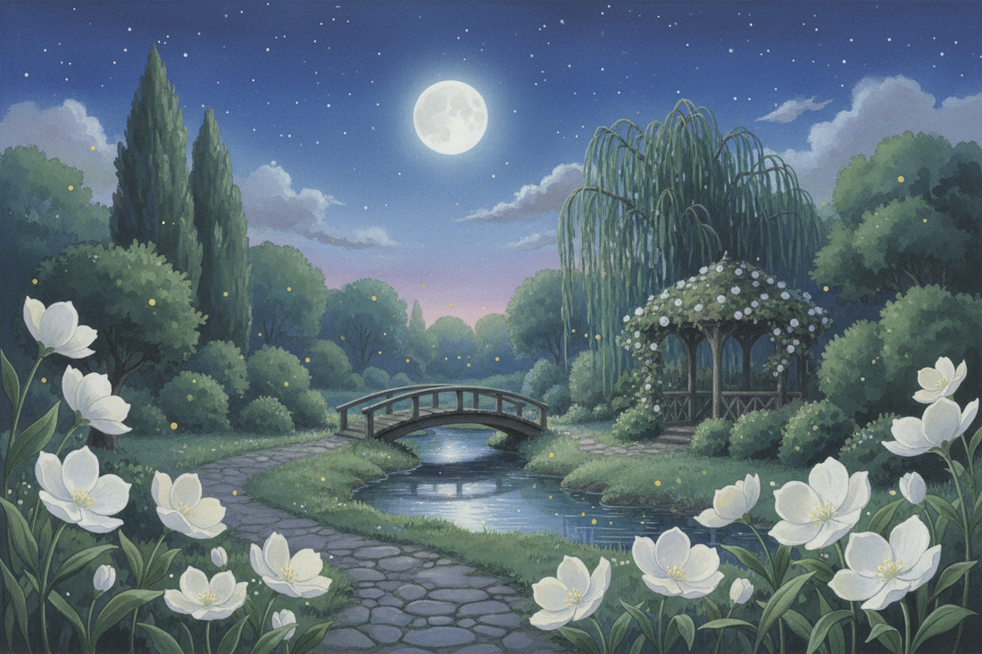 Giardino notturno con fiori bianchi che sbocciano al chiaro di luna - illustrazione ispirata ai giardini lunari tradizionali