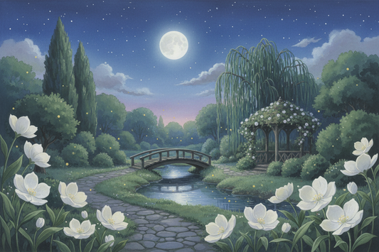 Giardino notturno con fiori bianchi che sbocciano al chiaro di luna - illustrazione ispirata ai giardini lunari tradizionali