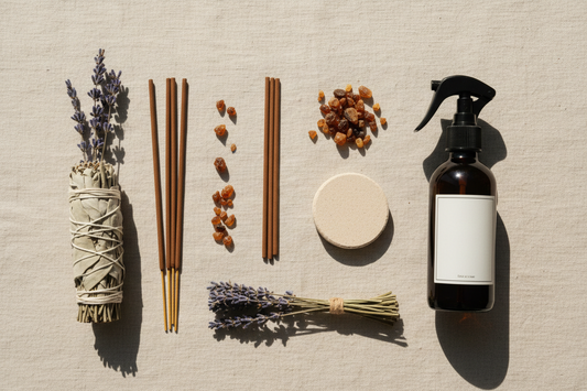 Selezione di strumenti per il fumo sacro: incenso, resine, pastiglia di incenso e spray smudge