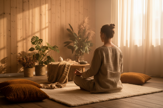 Persona che pratica meditazione mindfulness in uno studio con luce calda e atmosfera rilassante