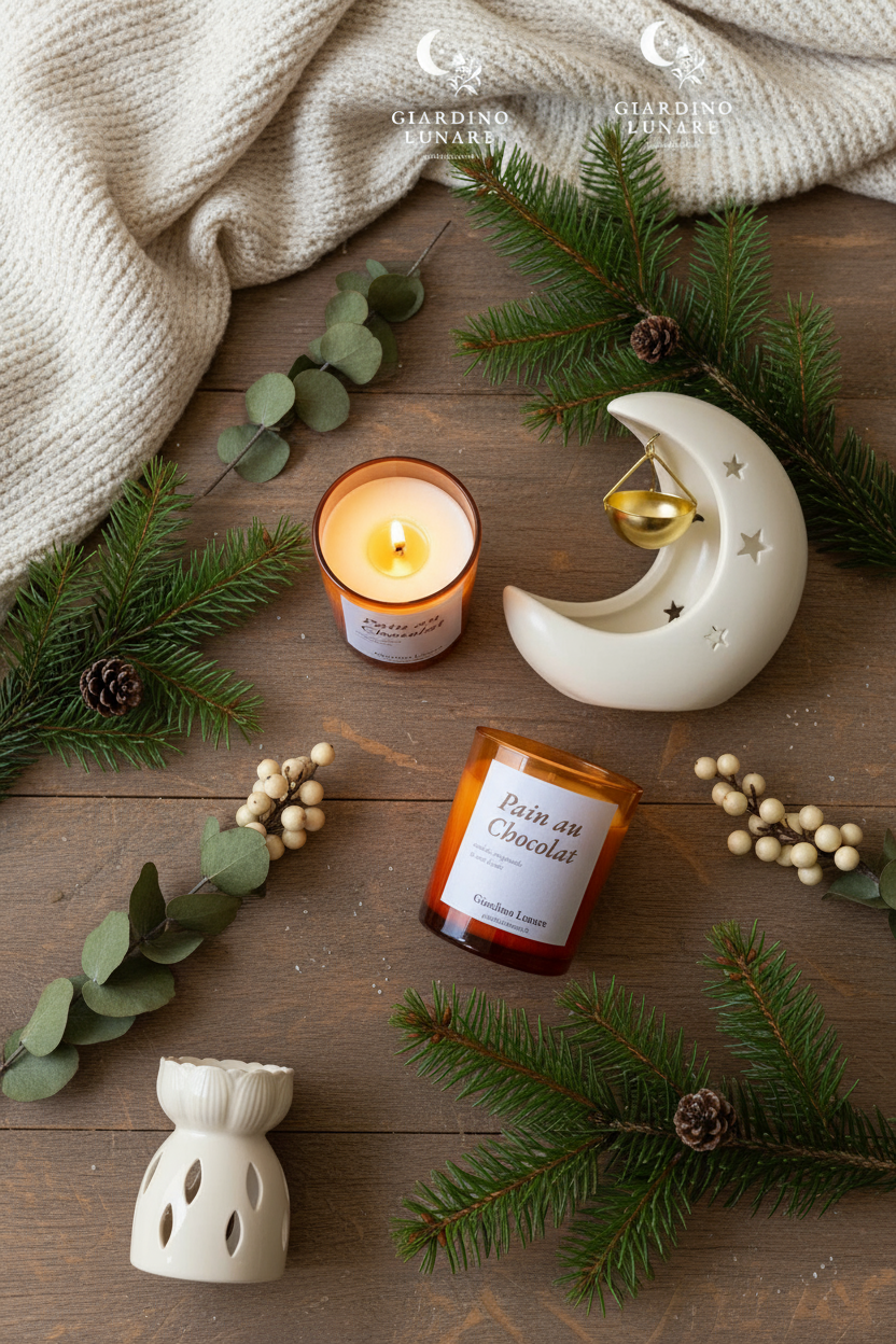 Collezione natalizia di candele profumate, brucia essenze e home decor per le feste, Giardino Lunare