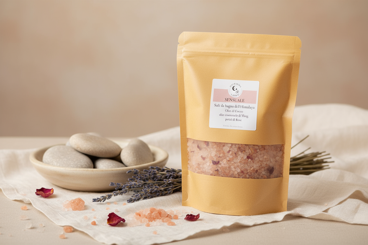 Collezione sali da bagno dell'Himalaya con oli essenziali naturali per aromaterapia e relax, Giardino Lunare