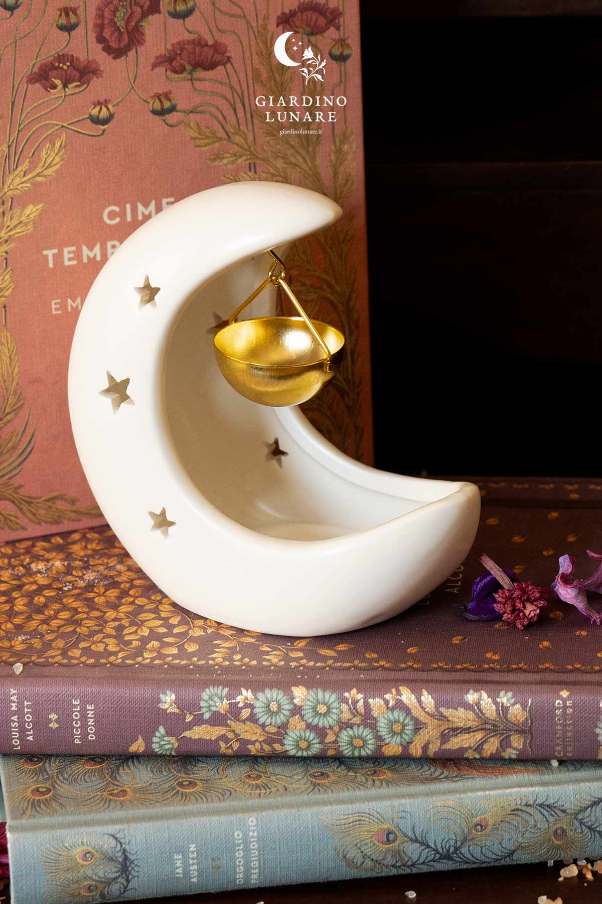 Brucia essenze luna bianca in ceramica, diffusore oli essenziali design lunare, Giardino Lunare