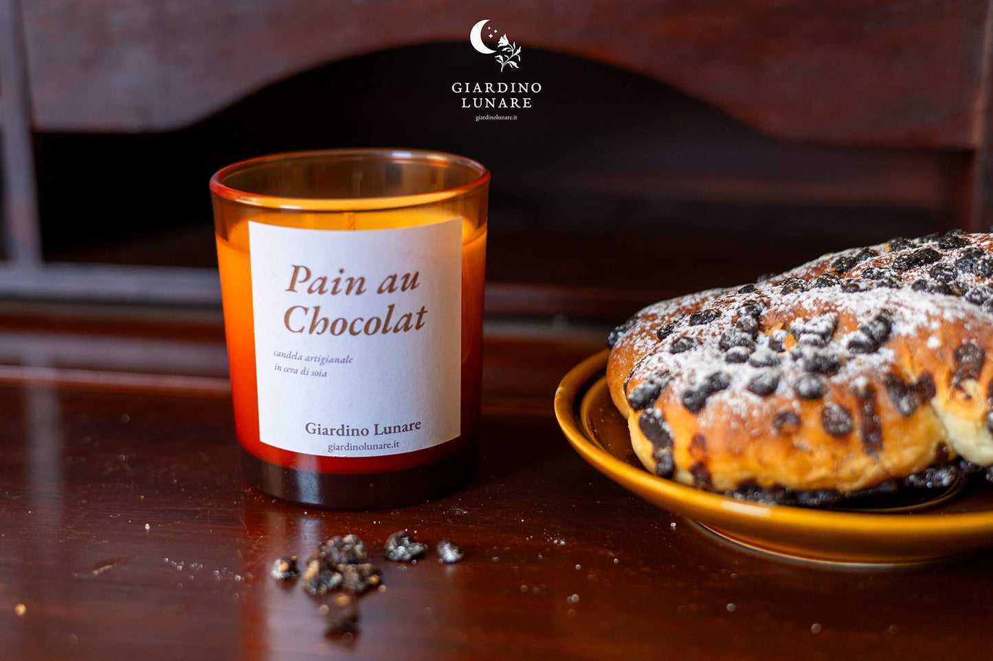 Candela artigianale profumata pain au chocolat in cera di soia naturale vegan, Giardino Lunare