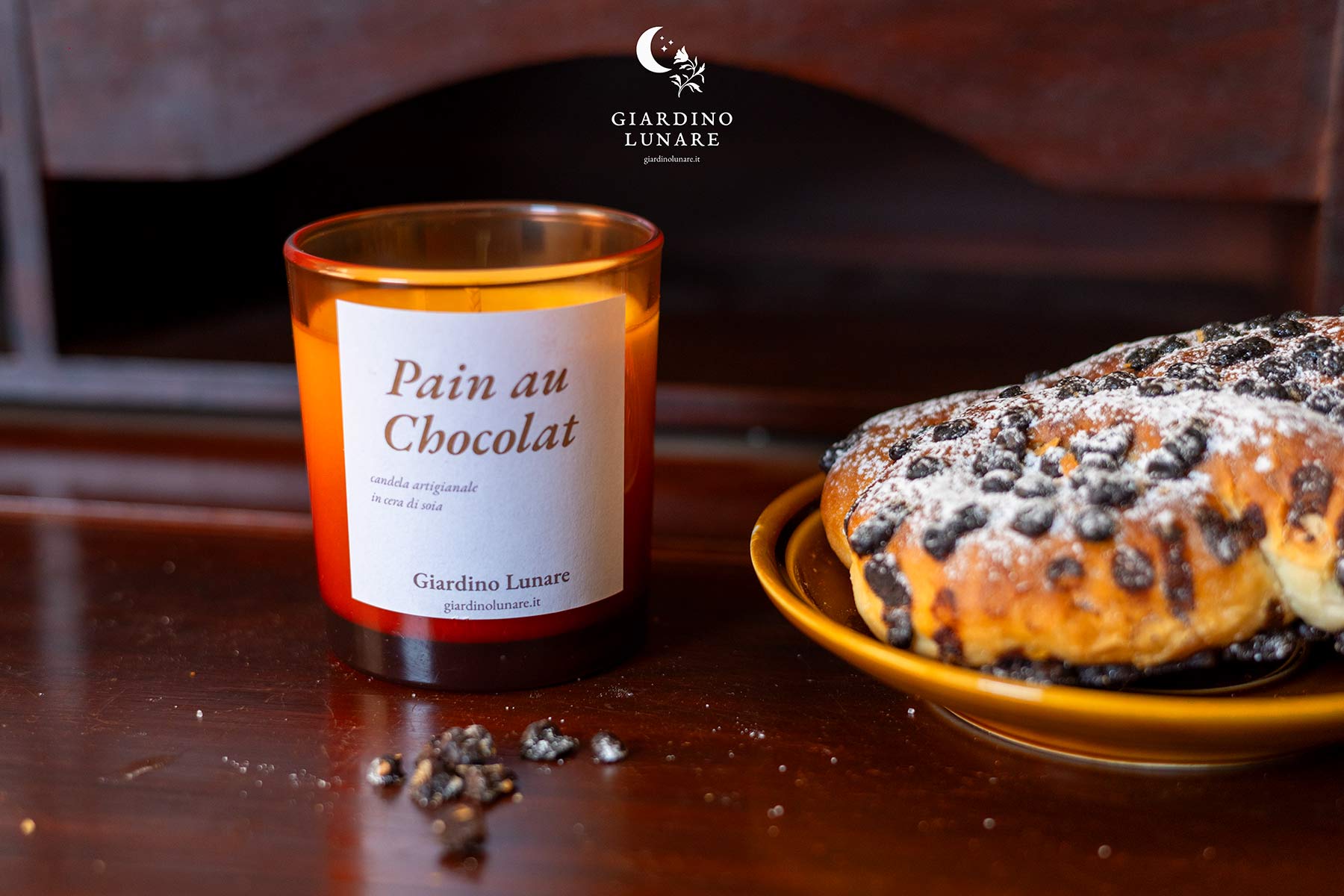 Candela artigianale profumata pain au chocolat in cera di soia naturale vegan, Giardino Lunare