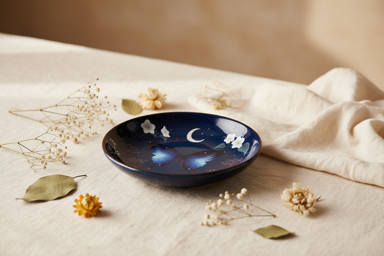 Piattino decorativo in ceramica blu con luna e farfalla, svuotatasche, Giardino Lunare