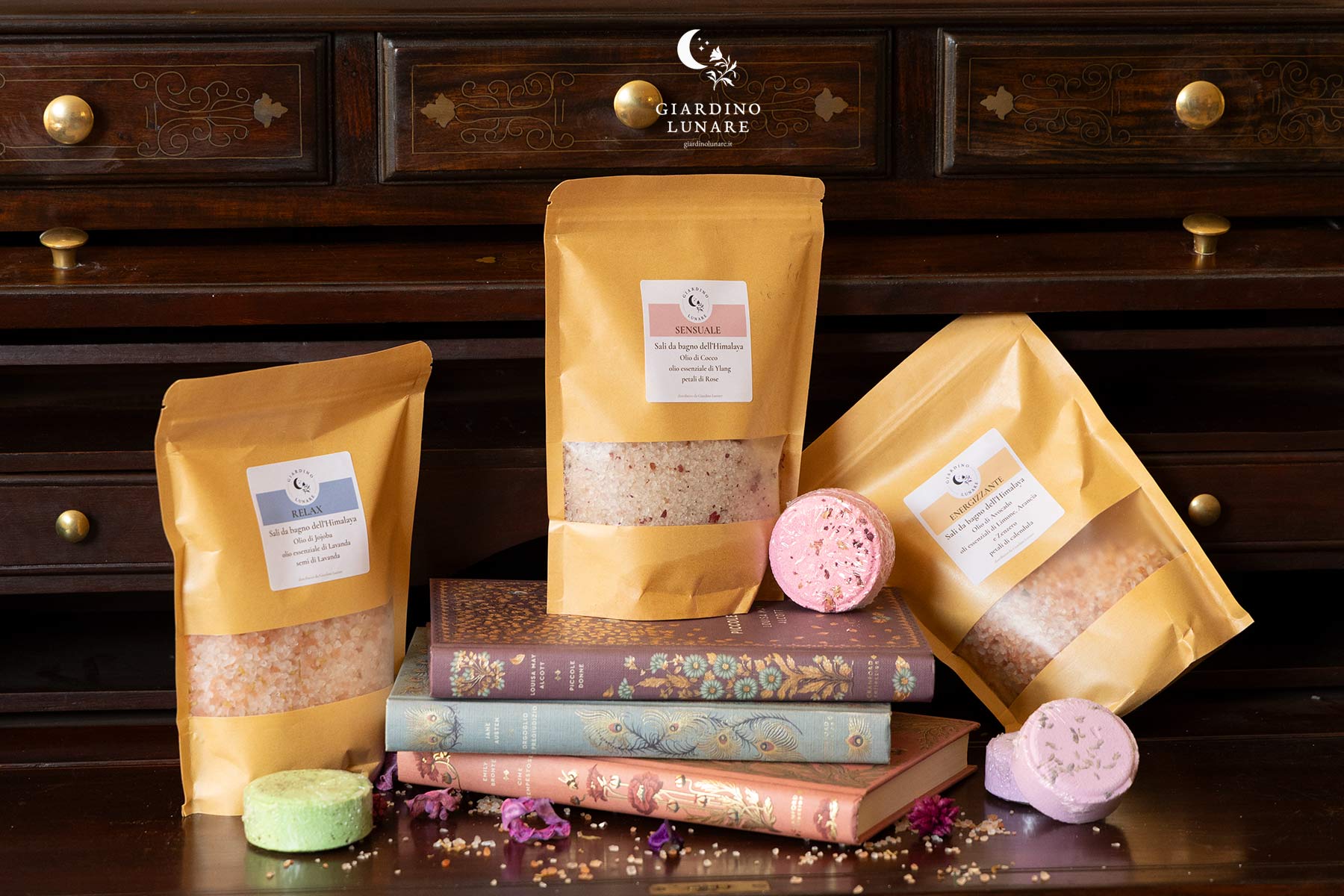 Sali da bagno dell'Himalaya con oli essenziali naturali in busta kraft, aromaterapia e relax, Giardino Lunare