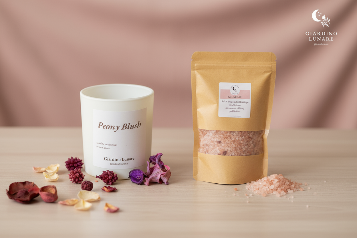 Set Rituale della Luna Rosa - Candela Peony Blush e Sali da Bagno Sensuale con olio essenziale Ylang e Olio di Cocco