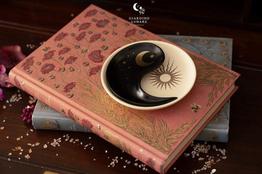 Set di due piattini decorativi impilabili in ceramica luna e sole, portagioie yin yang, Giardino Lunare